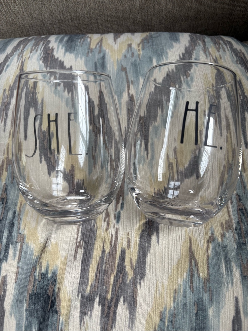 She & He Stemless Wine Glasses by Rae Dunn